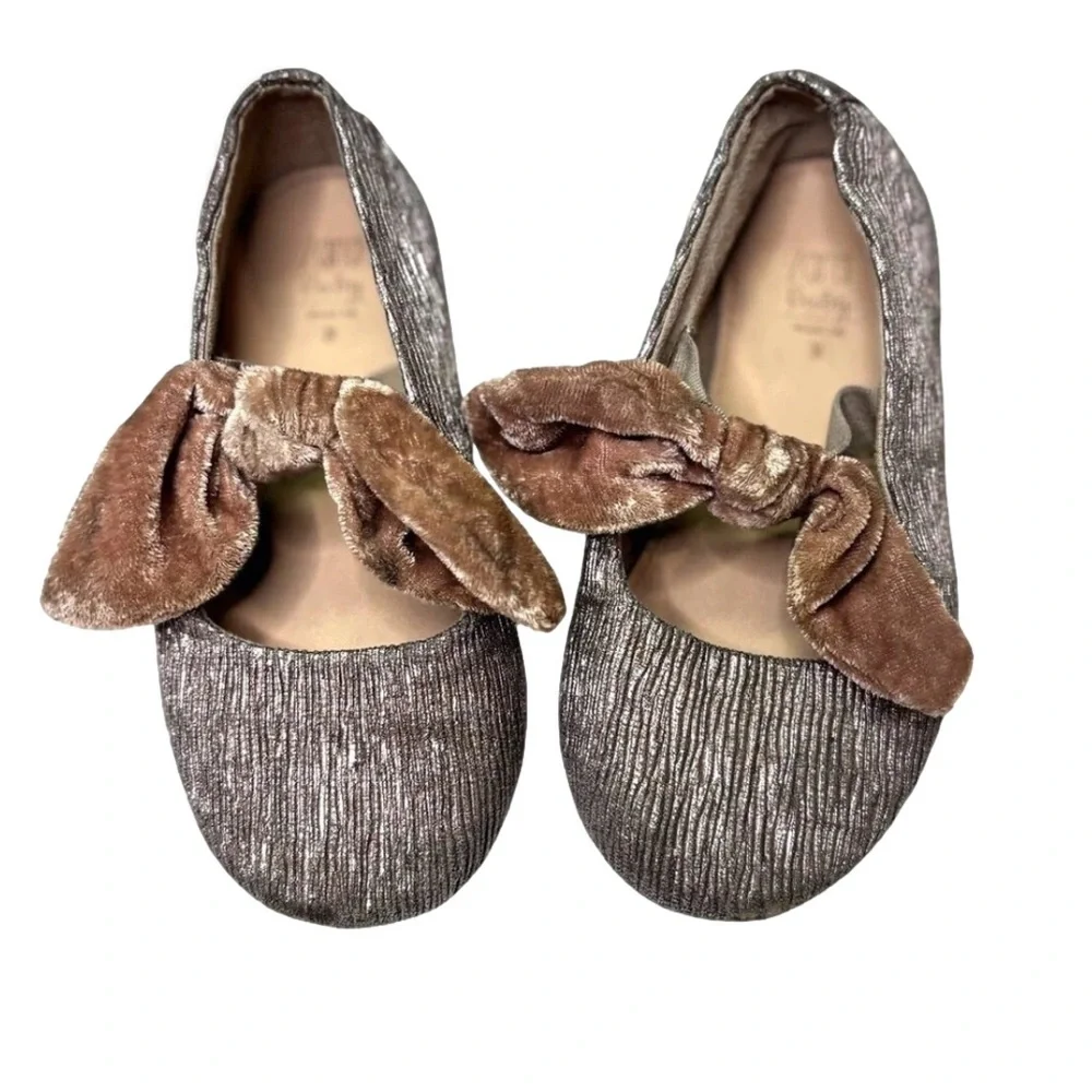 Zara Kids Metallic Ballet Flats Velvet Bow Dress Shoes EU 23 Bronze Gold Girls
